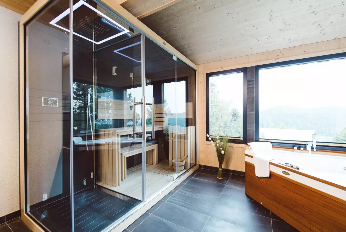Wellness-Badezimmer mit Sauna und Whirlpool